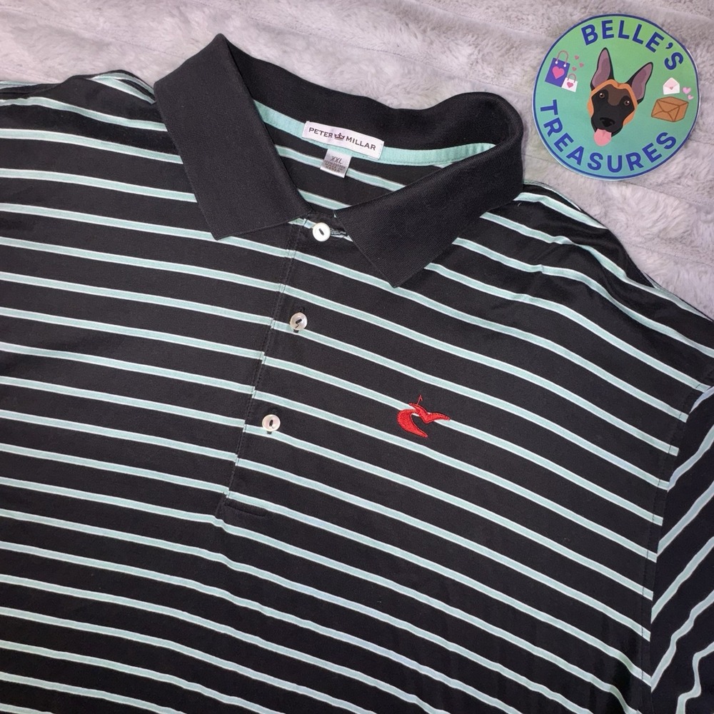 Peter Millar Men's 2XL Black Aqua Striped Cotton Stretch Polo Golf Pickleball